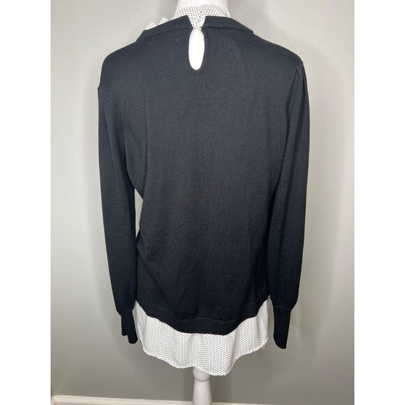 Adrianna Papell Twofer Ruffle Neck Black & Ivory Polka Dot Layered Sweater M - Picture 3 of 15